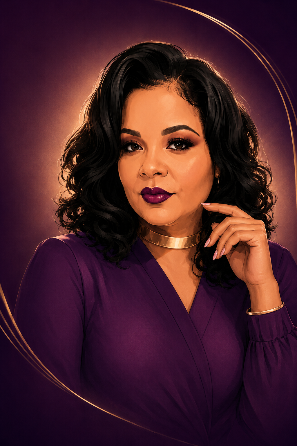Illustrated portrait of Lady Jill in plum with gold accents